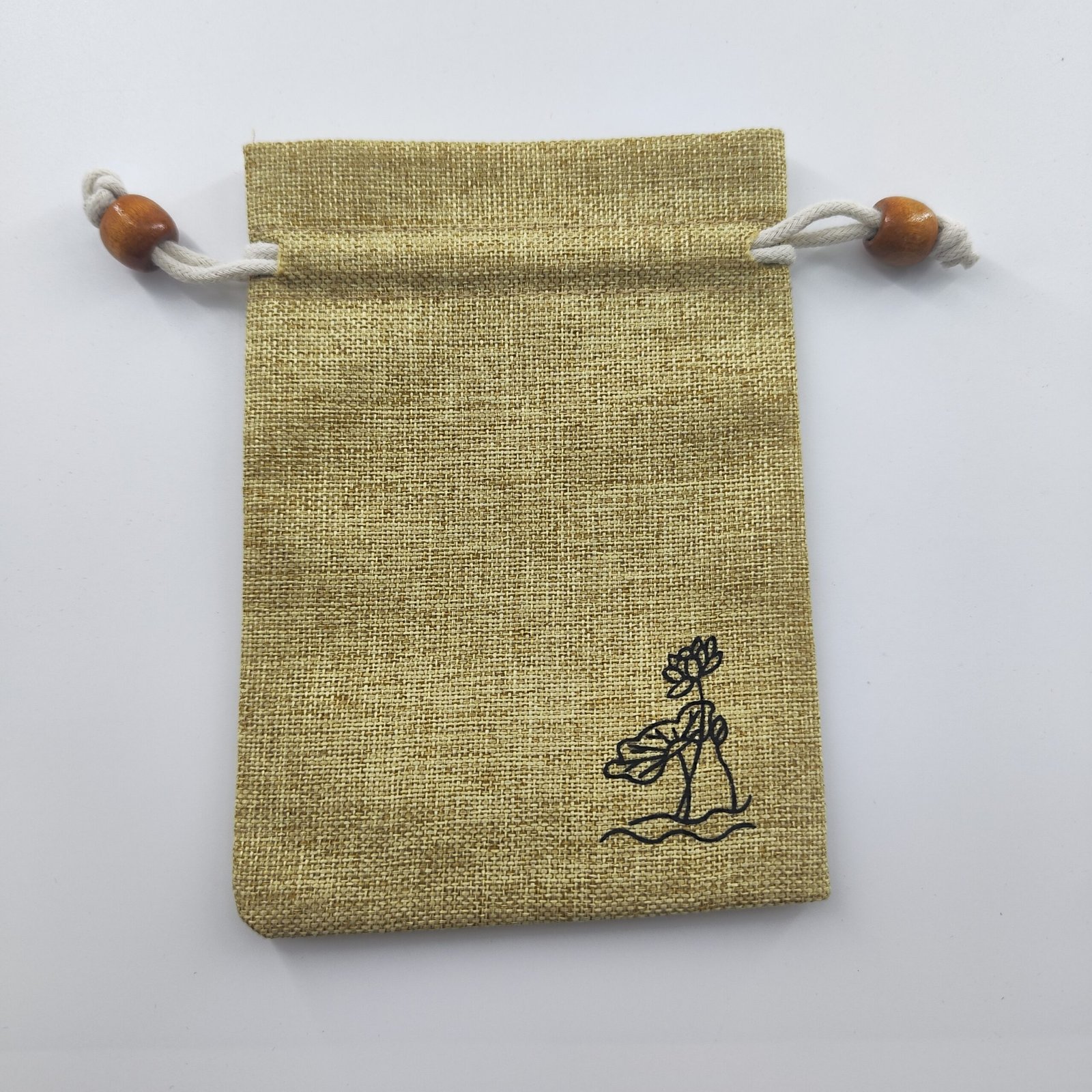 Linen Lotus Drawstring Bag